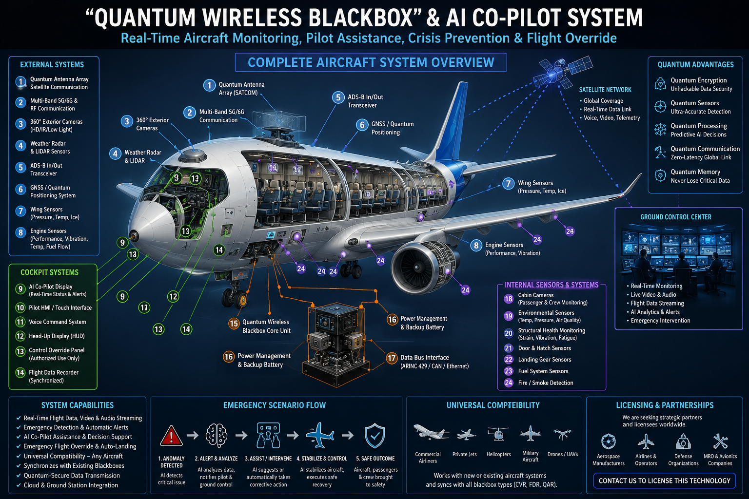Detailed cutaway aircraft diagram showing quantum antennas, exterior cameras, cockpit AI systems, structural sensors, engine sensors, blackbox core, satellite links, and ground control integration